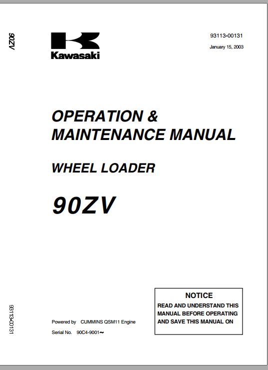 Kawasaki Wheel Loader 90ZV Operation Maintenance Shop Parts Manuals EN JP