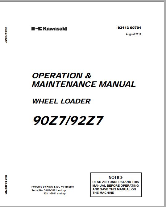 Kawasaki Wheel Loader 92Z7 Operation Maintenance Shop Parts Manuals EN JP
