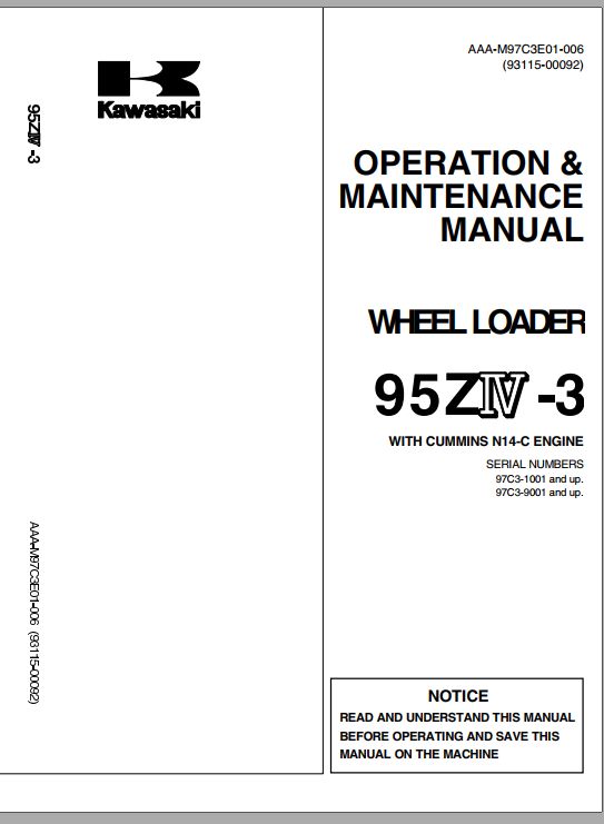 Kawasaki Wheel Loader 95ZIV 3 Operation Maintenance Shop Parts Manuals EN JP