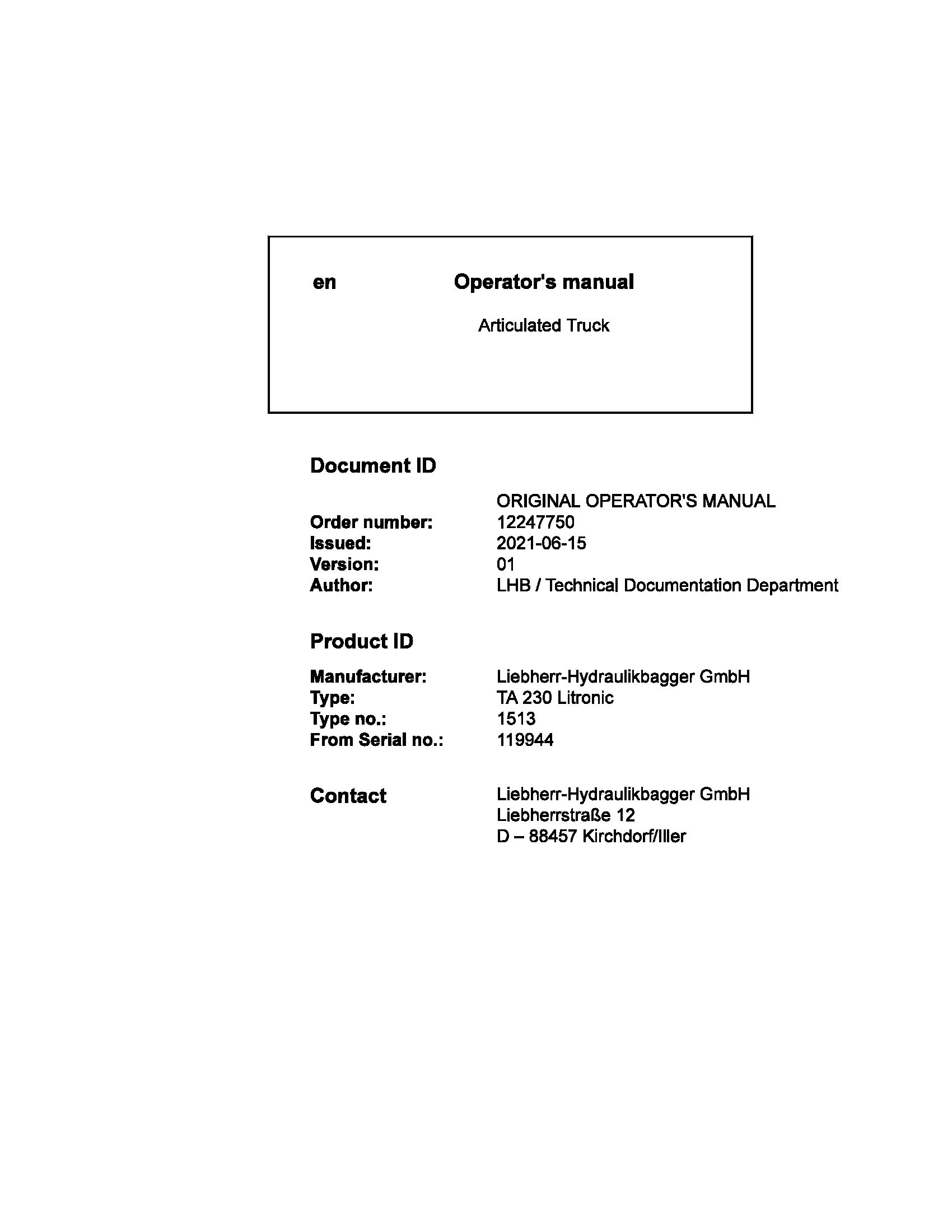 Liebherr Articulated Truck TA230 Litronic Operator Manual 12247750 2021