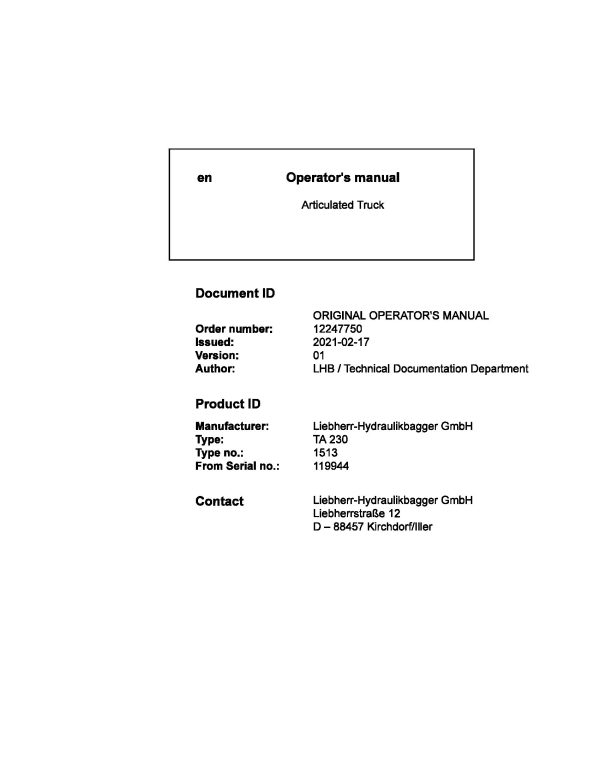 Liebherr Articulated Truck TA230 Operator Manual 12247750 2021