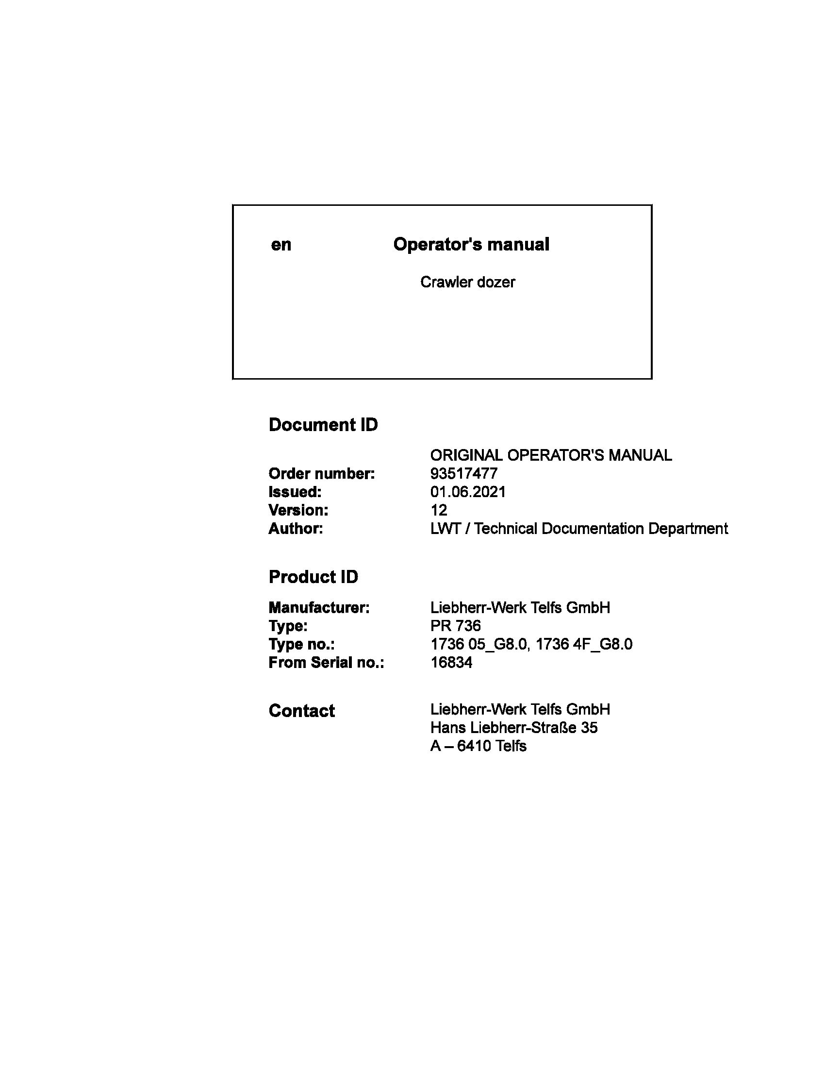Liebherr Crawler Dozer PR736 Operating Manual 93517477 2021