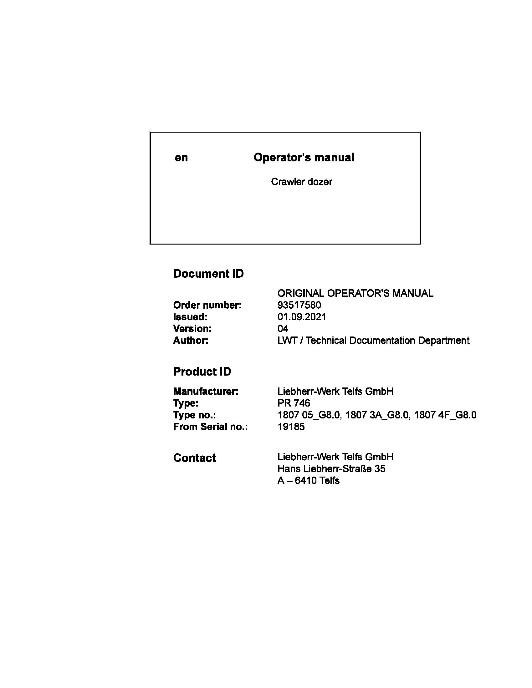 Liebherr Crawler Dozer PR746 Operating Manual 93517580 2021