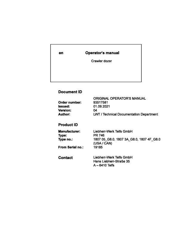 Liebherr Crawler Dozer PR746 Operating Manual 93517581 2021