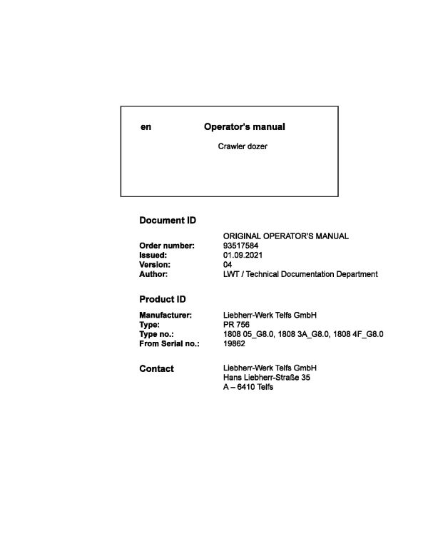 Liebherr Crawler Dozer PR746 Operating Manual 93517584 2021 1