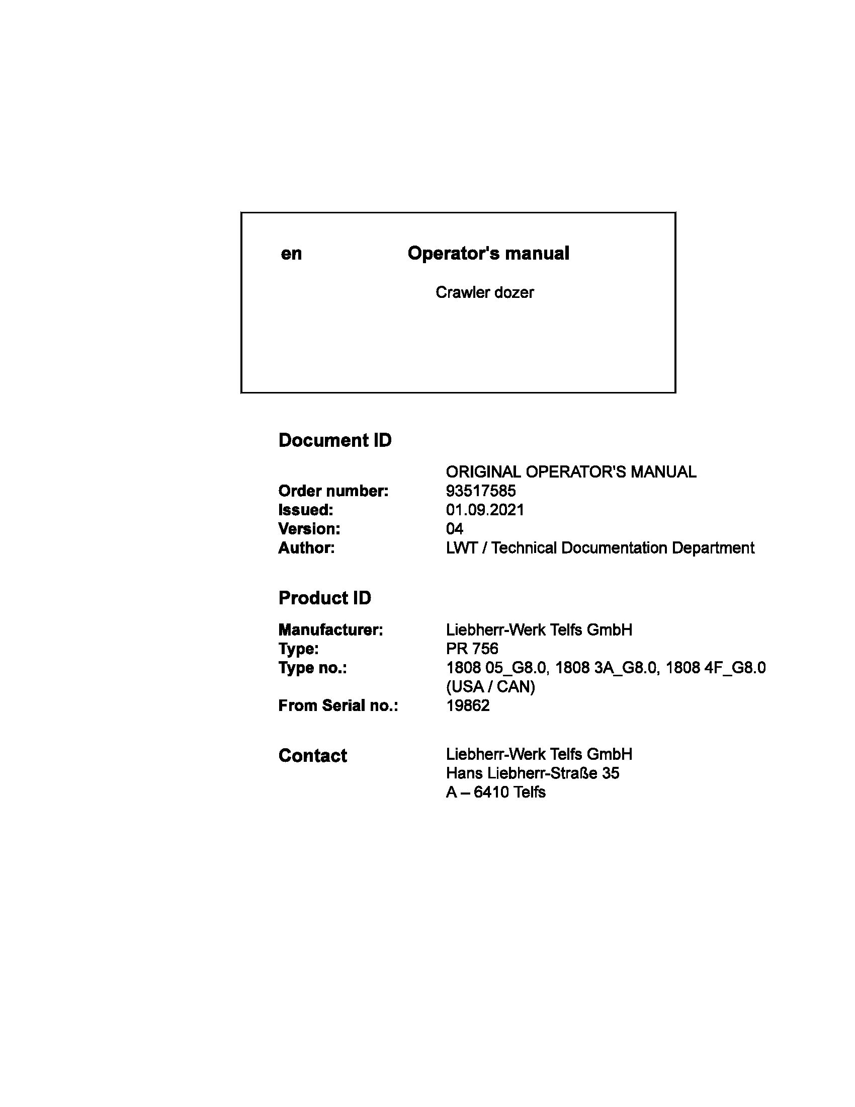 Liebherr Crawler Dozer PR746 Operating Manual 93517585 2021 1