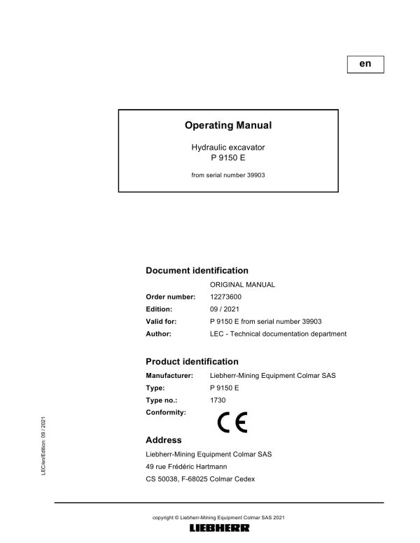 Liebherr Hydraulic Excavators P9150E Operating Manual 12273600 2021 1
