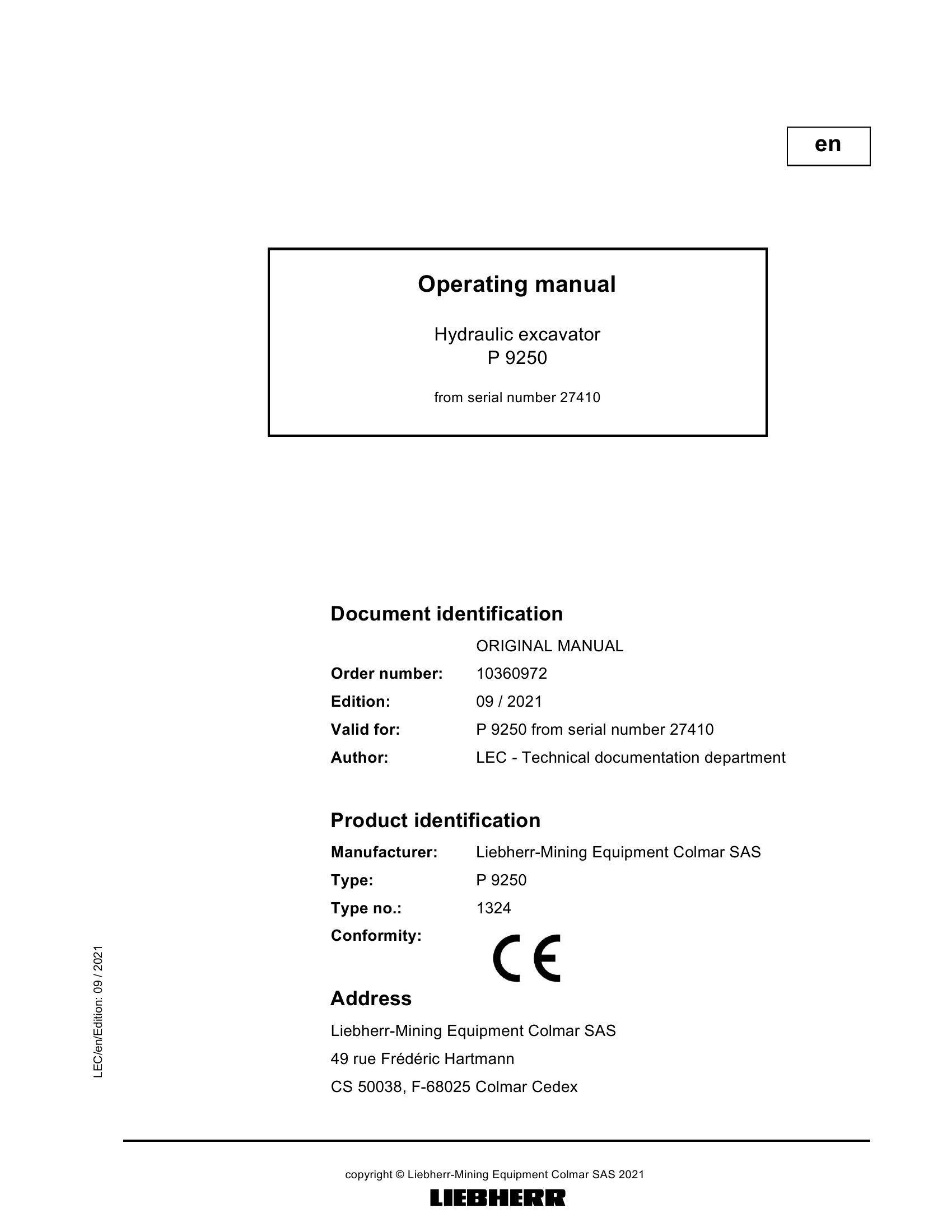 Liebherr Hydraulic Excavators P9250 Operating Manual 10360972 2021 1