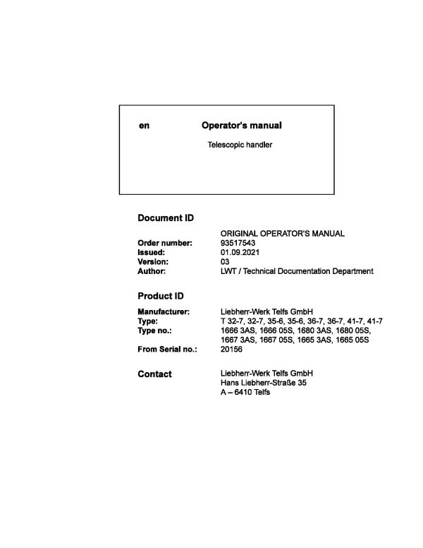 Liebherr Telescopic Handler T32 7 to T41 7 Operating Manual 93517543 2021 1