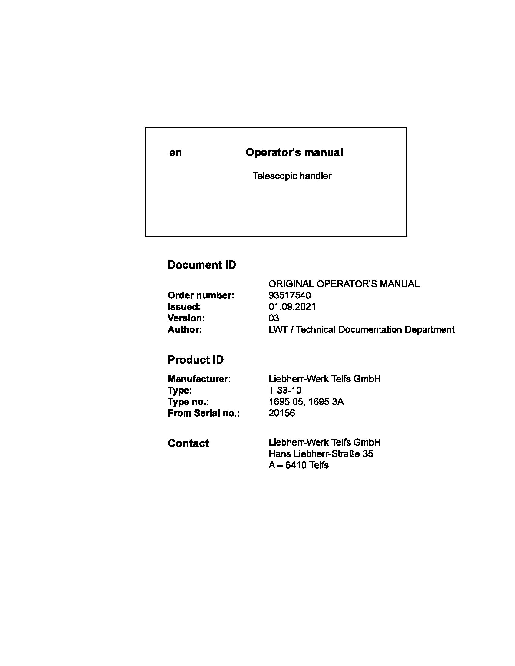 Liebherr Telescopic Handler T33 10 Operating Manual 93517540 2021 1