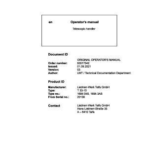 Liebherr Telescopic Handler T33 10 Operating Manual 93517542 2021 1