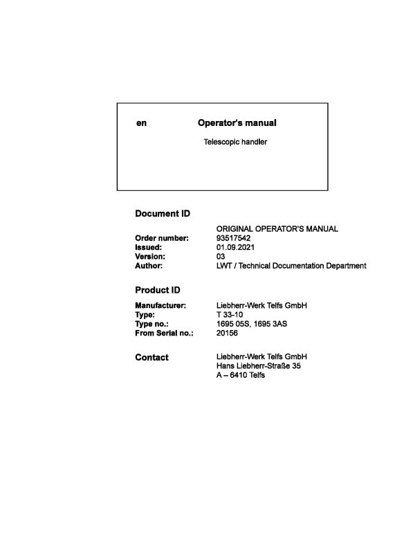 Liebherr Telescopic Handler T33 10 Operating Manual 93517542 2021 1
