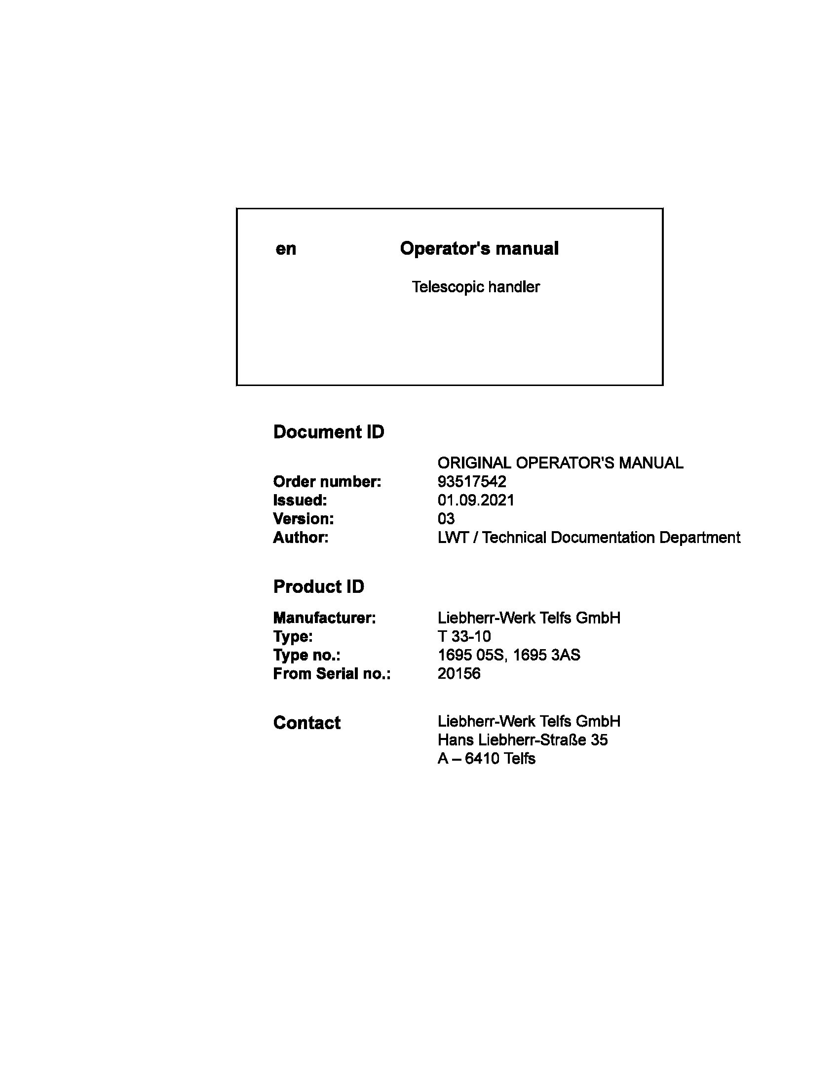 Liebherr Telescopic Handler T33 10 Operating Manual 93517542 2021 1