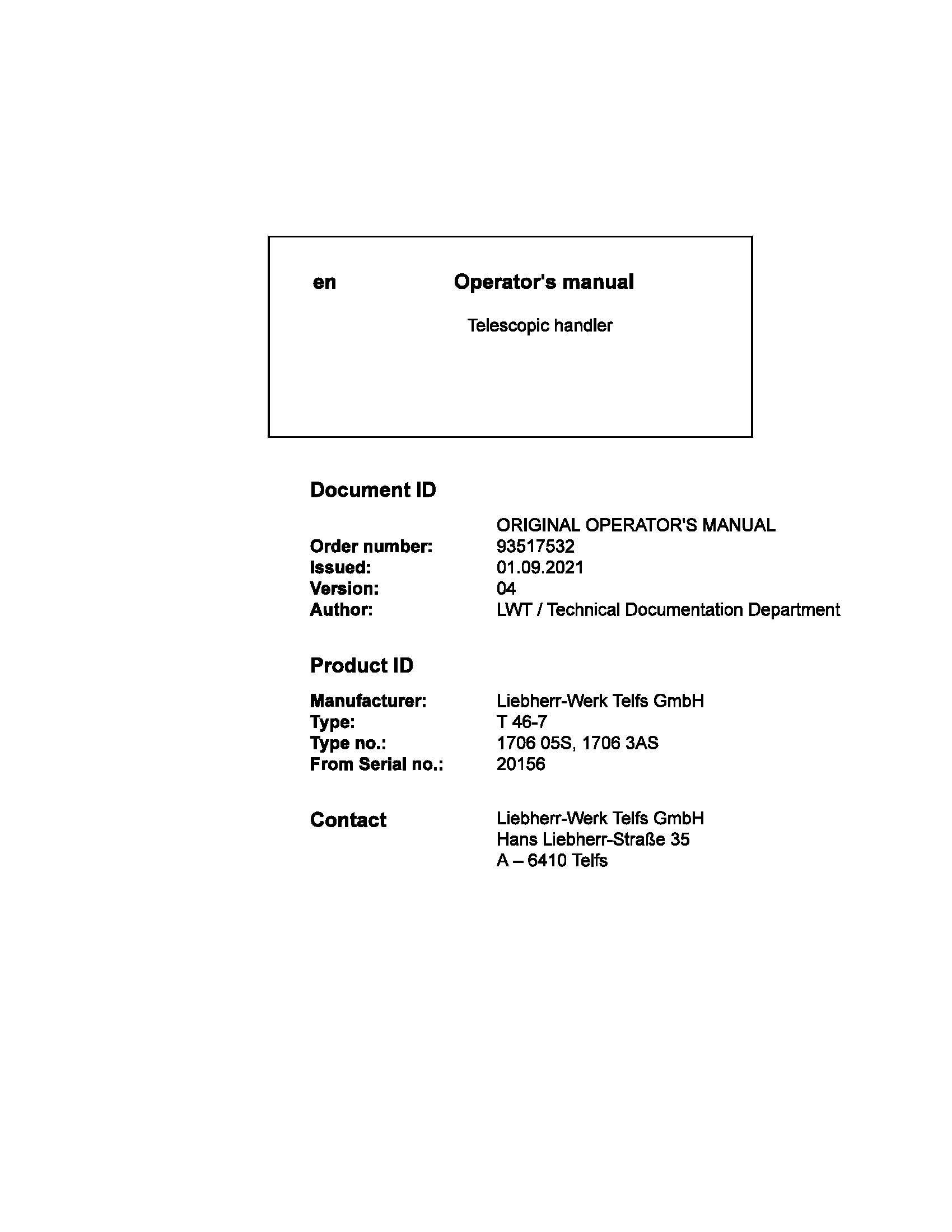 Liebherr Telescopic Handler T46 7 Operating Manual 93517532 2021 1