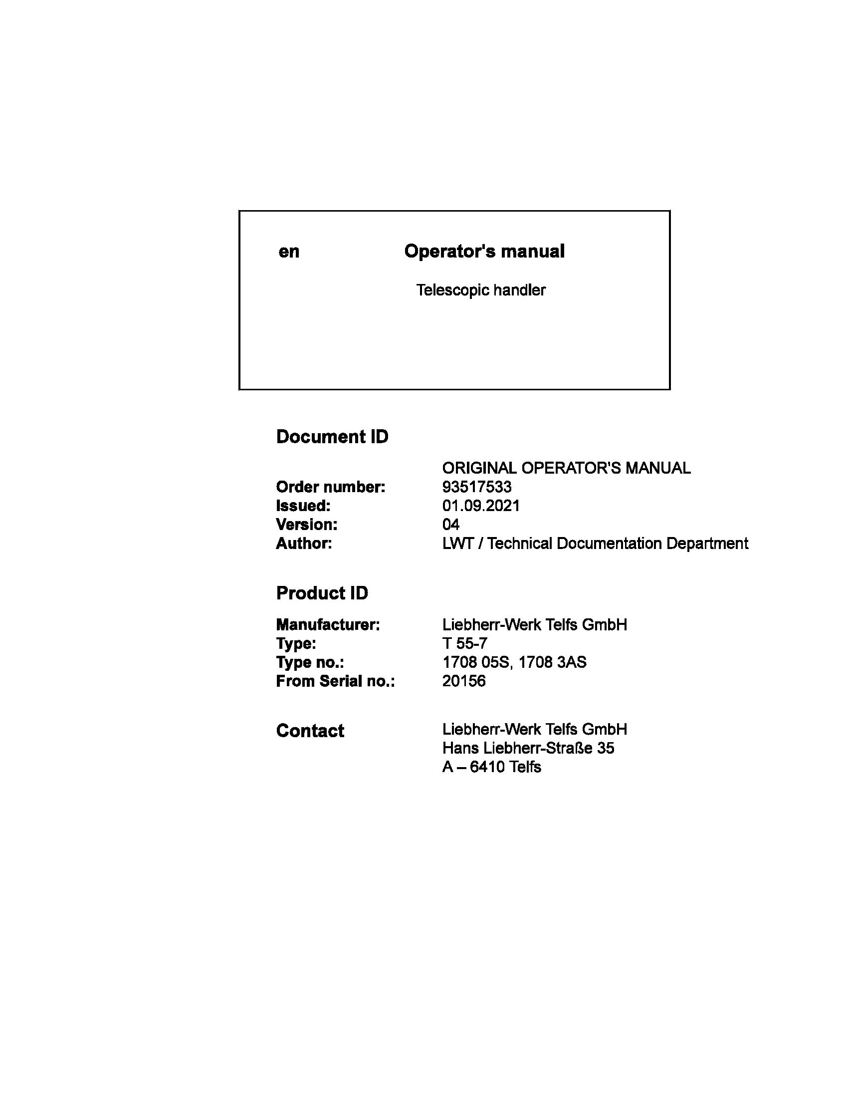Liebherr Telescopic Handler T55 7 Operating Manual 93517533 2021 1