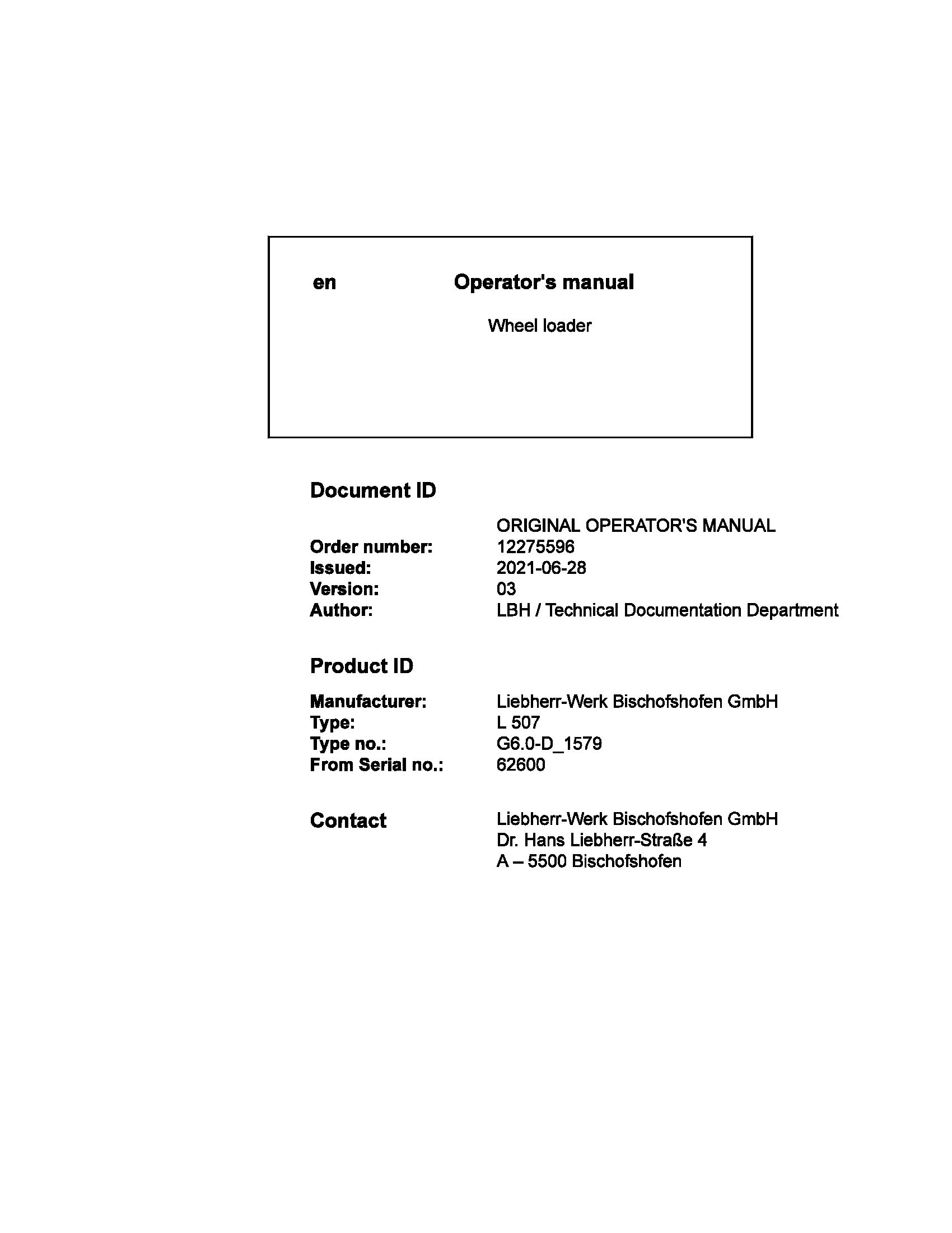 Liebherr Wheel Loader L507 Operator Manual 12275596 2021 1