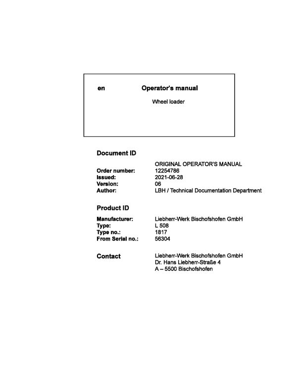 Liebherr Wheel Loader L508 Operator Manual 12254786 2021 1