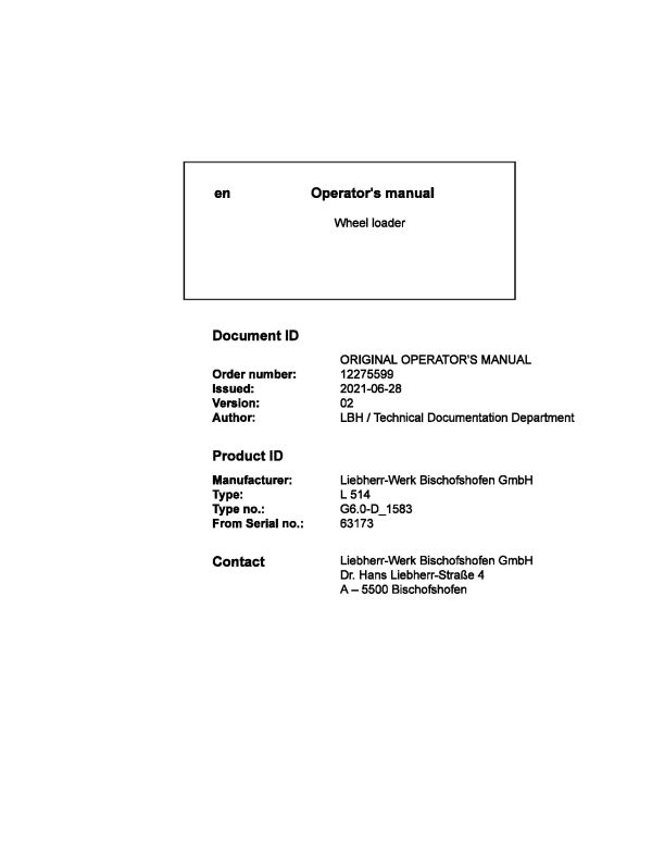 Liebherr Wheel Loader L514 Operator Manual 12275599 2021 1