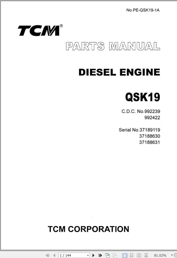 TCM Diesel Engine QSK19 Parts Manual PE QSK19 1A