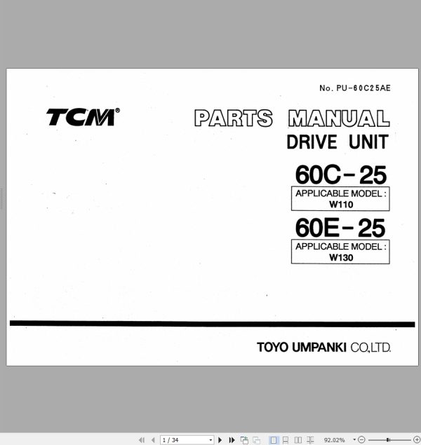 TCM Drive Unit 60C 25 60E 25 Parts Manual PU 60C25AE