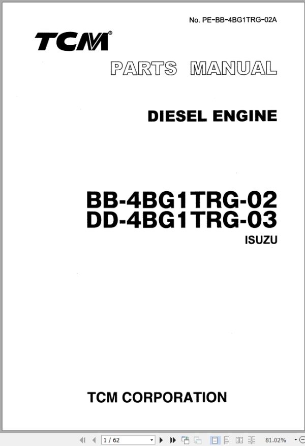 TCM Isuzu Engine BB 4BG1TRG 02 DD 4BG1TRG 03 Parts Manual PE BB 4BG1TRG 02A
