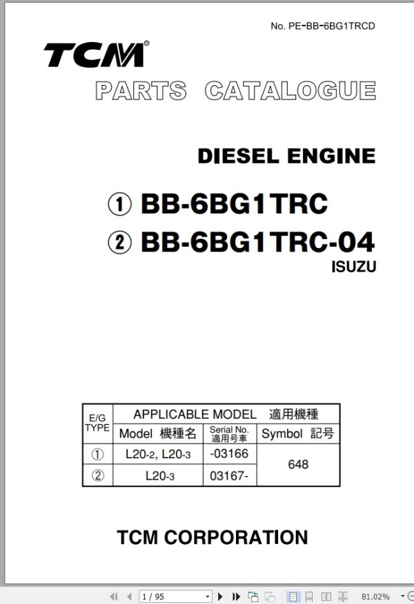 TCM Isuzu Engine BB 6BG1TRC BB 6BG1TRC 04 Parts Catalogue PE BB 6BG1TRCD