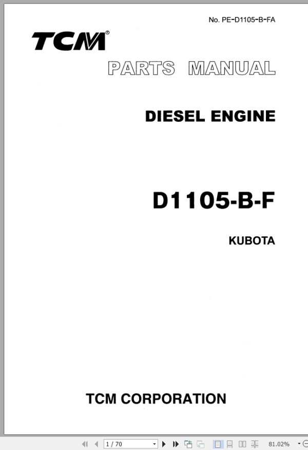 TCM Kubota Engine D1105 B F Parts Manual PE D1105 B FA