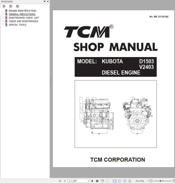 TCM Kubota Engine D1503 V2403 Shop Manual ME D1503AE