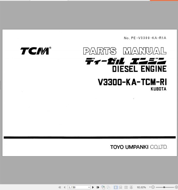 TCM Kubota Engine V3300 KA TCM RI Parts Manual