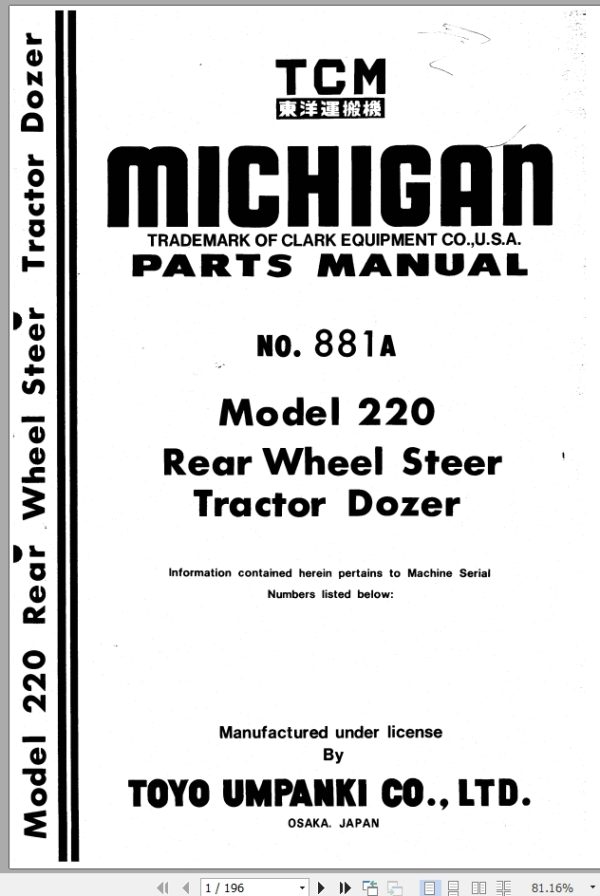 TCM Rear Wheel Steer Tractor Dozer 220 Parts Manual 881A
