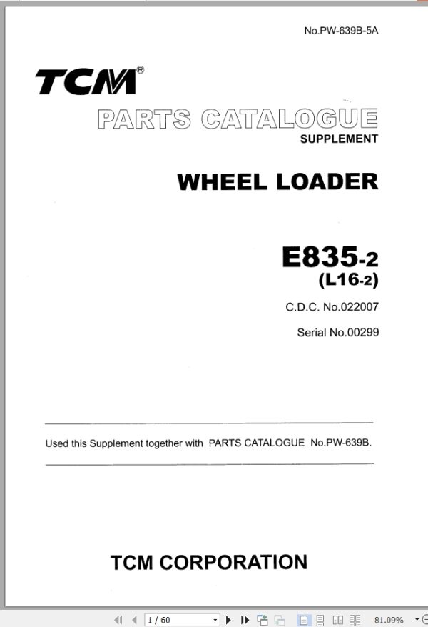 TCM Wheel Loader E835 2 Parts Catalogue Supplement PW 639B 5A
