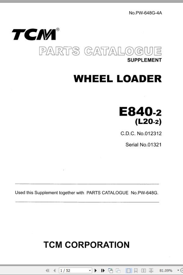 TCM Wheel Loader E840 2 Parts Catalogue Supplement PW 648G 4A