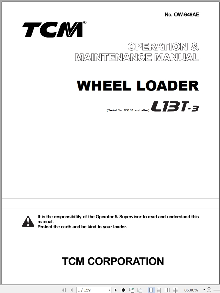 TCM Wheel Loader L13T 3 Operation Maintenance Manual OW 649AE