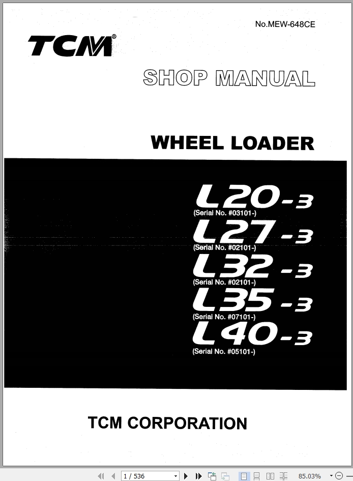 TCM Wheel Loader L20 3 L27 3 L32 3 L35 3 L40 3 Shop Manual MEW 648CE