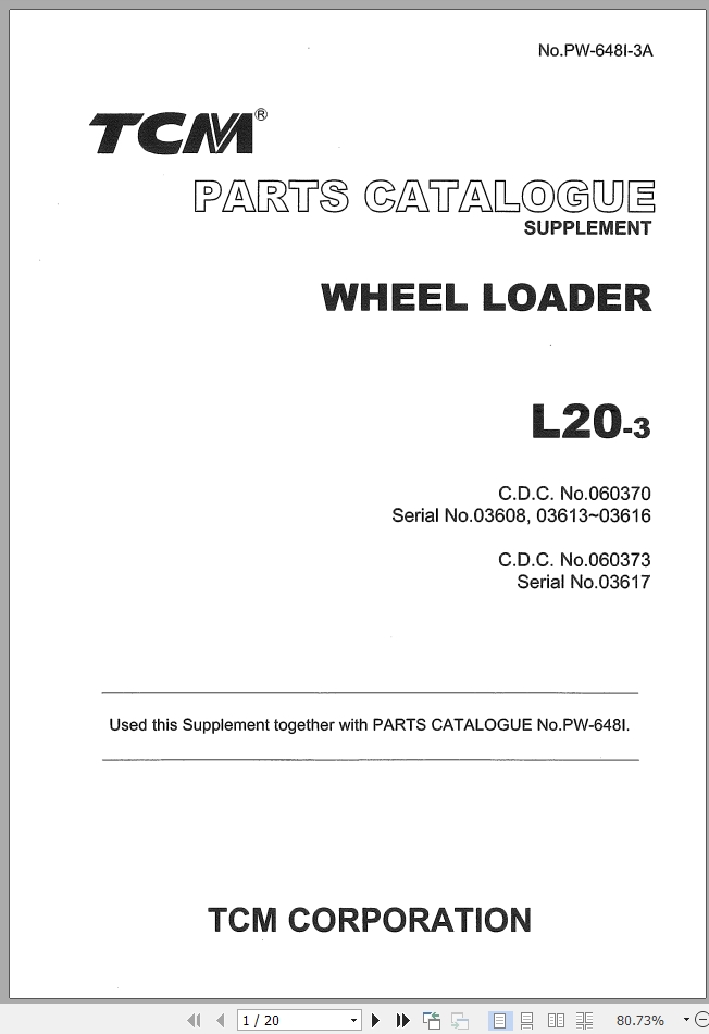 TCM Wheel Loader L20 3 Parts Catalogue Supplement PW 648I 3A