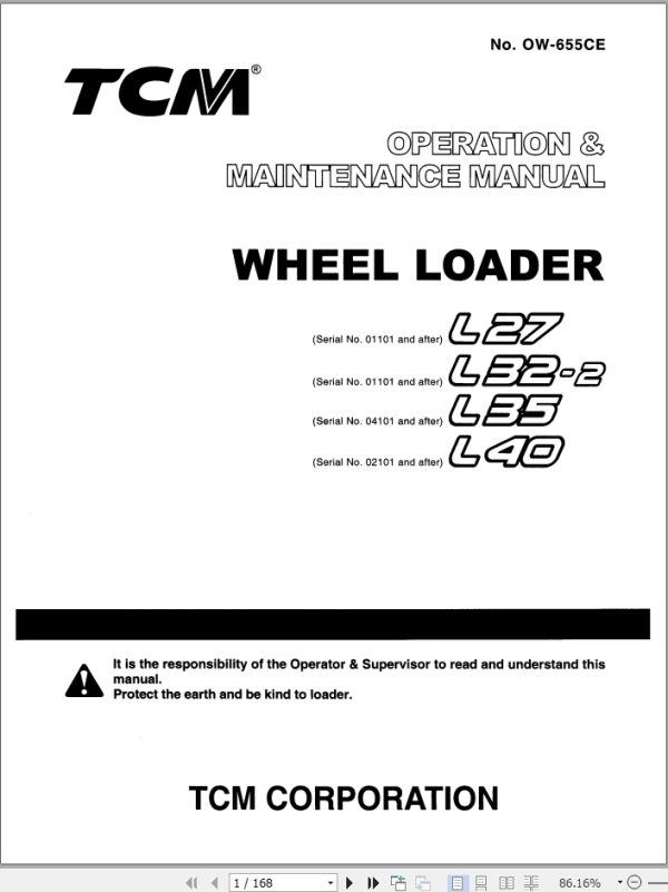 TCM Wheel Loader L27 L32 2 L35 L40 Operation Maintenance Manual OW 655CE
