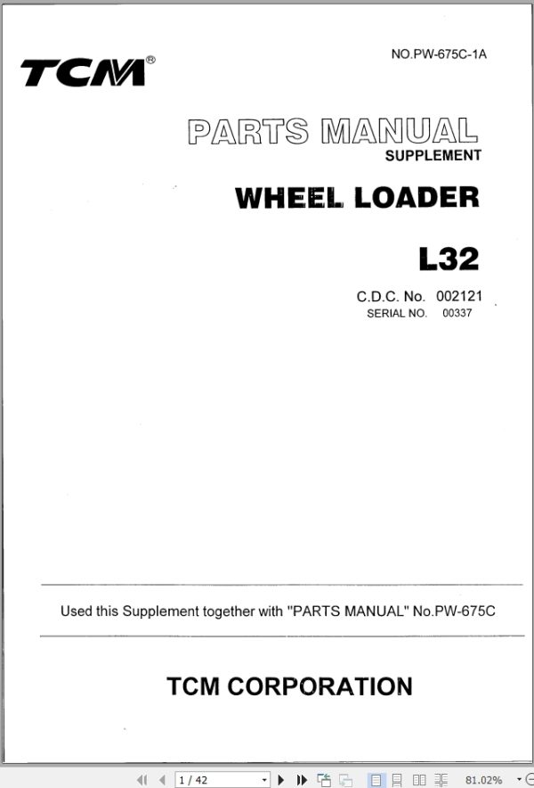 TCM Wheel Loader L32 Parts Manual Supplement PW 675C 1A