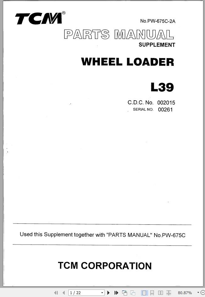 TCM Wheel Loader L39 Parts Manual Supplement PW 675C 2A