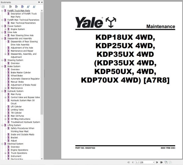 Yale Forklift A7R8 KDP18UX 4WD KDP25UX 4WD KDP35UX 4WD 07.2023 Service Manual
