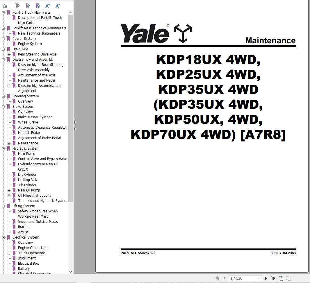Yale Forklift A7R8 KDP35UX 4WD KDP50UX 4WD KDP70UX 4WD Service Manual