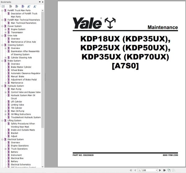 Yale Forklift A7S0 KDP18UX KDP25UX KDP35UX Service Manual 09.2023