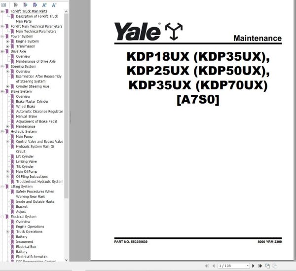 Yale Forklift A7S0 KDP35UX KDP50UX KDP70UX Service Manual 09.2023