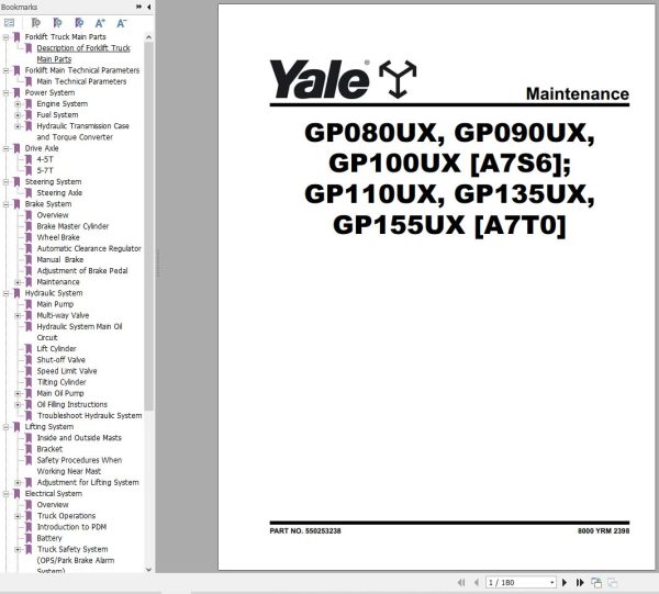 Yale Forklift A7T0 GP110UX GP135UX GP155UX Service Manual 09.2023