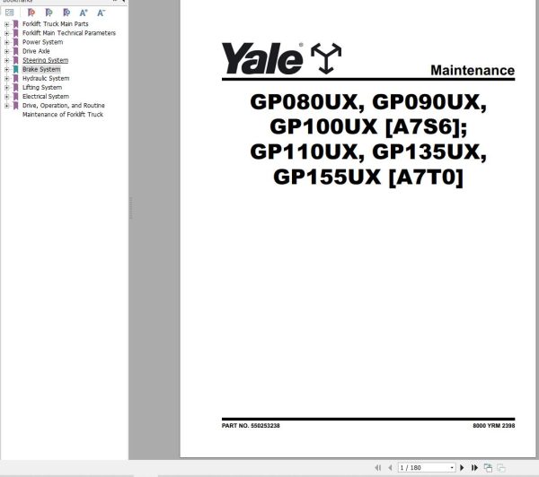 Yale Forklift A7T0 GP50UX6 GP60UX6 GP70UX6 Europe Service Manual 09.2023