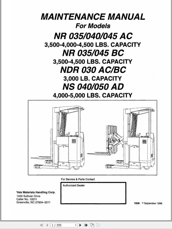 Yale Forklift A815 NR035 040ACNDR030ACNR045AC Service Manual
