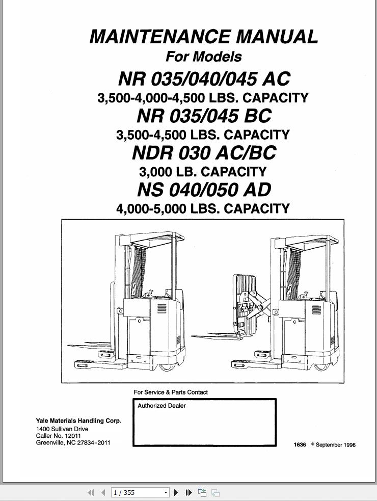 Yale Forklift A815 NR035 040ACNDR030ACNR045AC Service Manual