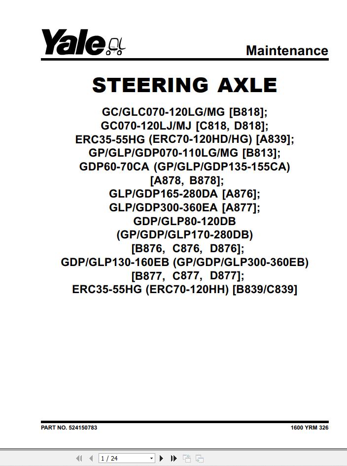 Yale Forklift A876 GLPGDP165 280DA Service Manual