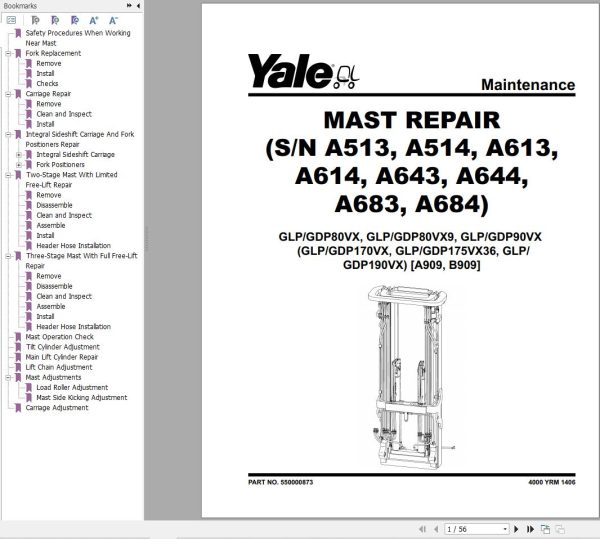 Yale Forklift A909 GDPGLP80 90VX GDPGLP80VX9 Europe Service Manual