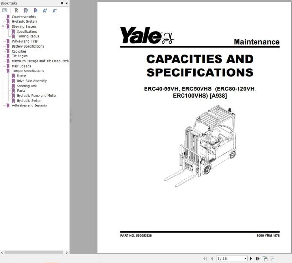 Yale Forklift A938 ERC40VH ERC50VH ERC50VHS ERC55VH Service Manual