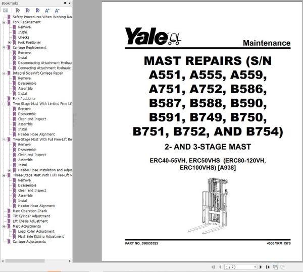 Yale Forklift A938 ERC40VH ERC50VH ERC50VHS ERC55VH Service Manual 1